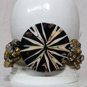 NEW Unique Beaded Coil Bracelet Black, Tan, Cream White Swirl Centerpiece NWT